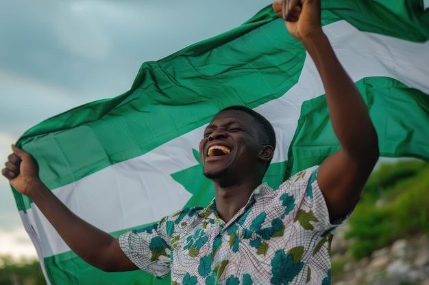 A Nigerian Youth holding the Nigerian Flag in Joy and courage